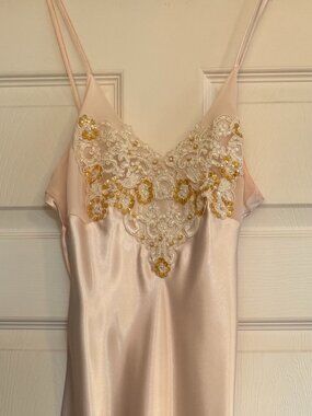 Vintage Linea Donatella Blush Satin Nightgown Lace Beaded-NWOT.